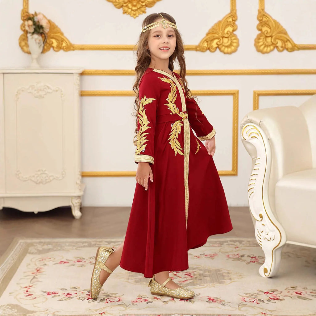 Elegant Embroidered Girls Princess Dress with Belt Long Sleeve Kids Lace Trim Gown Children Formal Party Event Dress Vestidos