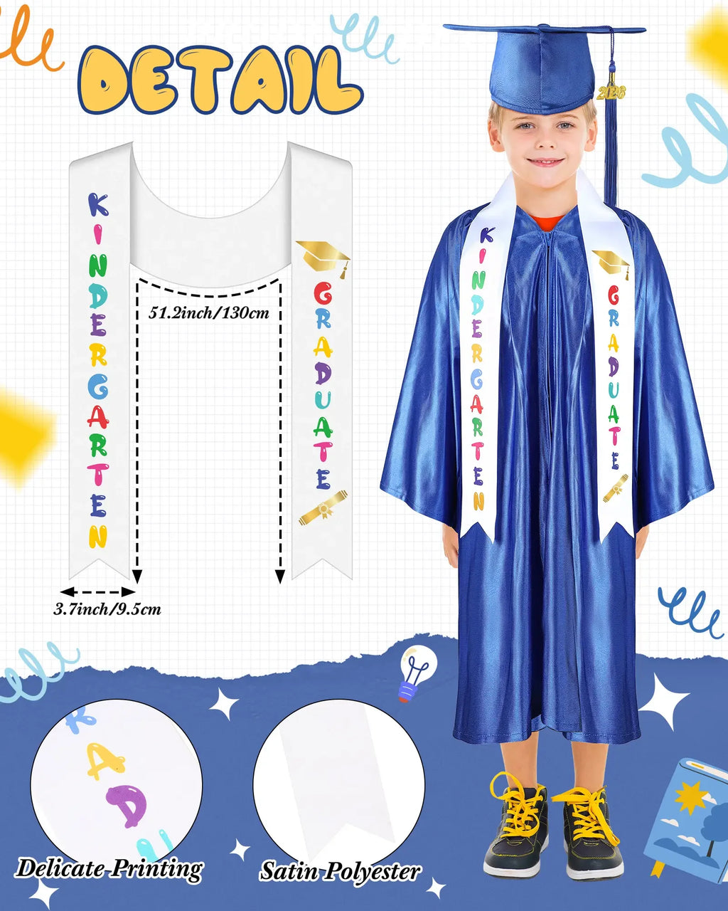 Kindergarten Graduation Cap and Gown Set for Class of 2026 Photoshoot, Satin Blink Gown