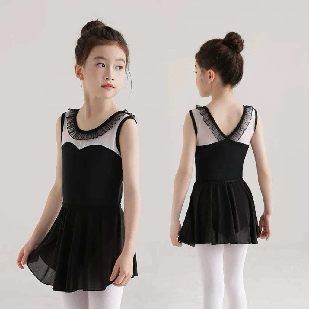 Professional Kids Ballet Dance Wear Girl Sleeveless Gymnastics Leotard Child Ruffled Neckline BodySuit Student Exercise Cloth