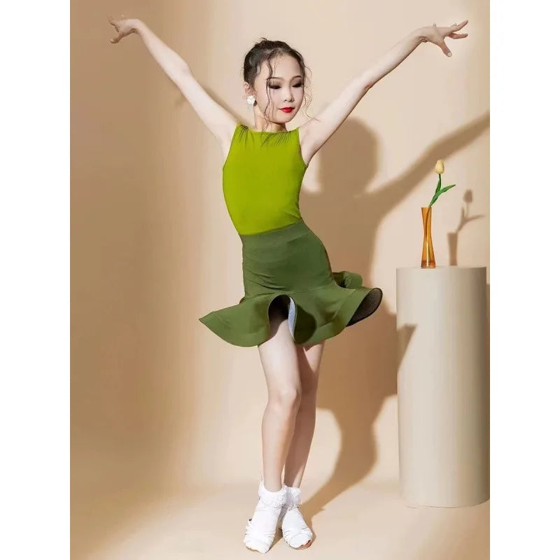 Girls Latin Dance Dress Kids Professional Sleeveless Dancewear Children Ballroom Performance Show Outfits for Little Girls