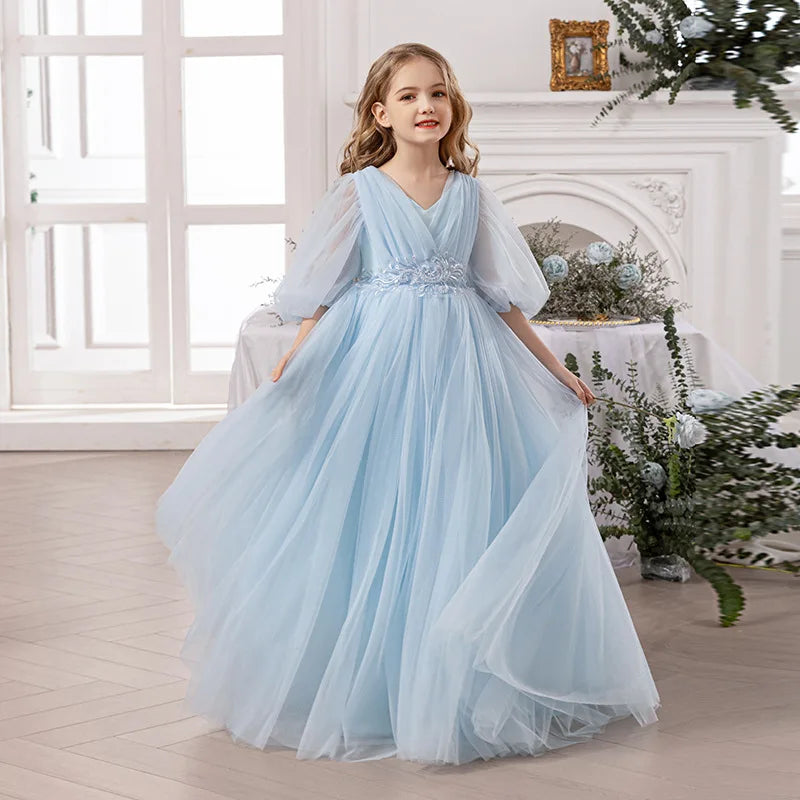 Luxury Girls Princess Dress Elegant Long Mesh Tulle Gown Big Kids Formal Party Event Dress Child Piano Performance Show Outfits