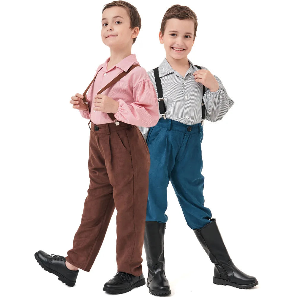 Vintage Colonial Farm Boy Costume Kids Brown Suspender Pants Outfits Children Alpine Villager Role Play Wear Halloween Carnival