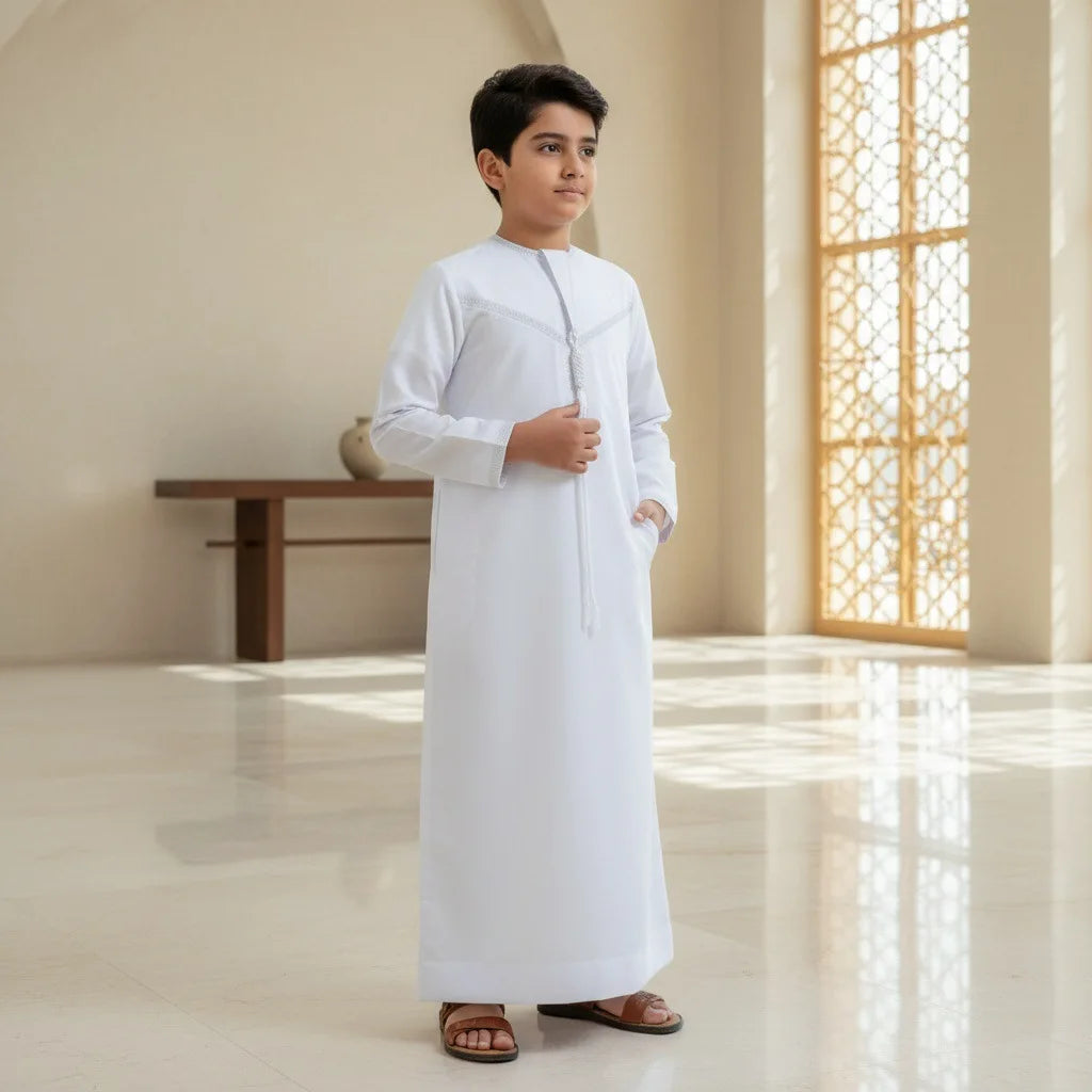 Muslim Kids Thobe Boys Islamic Kaftan Robe Children Arabic Saudi Abaya White Long Gown Ramadan Eid Prayer Performance Clothing