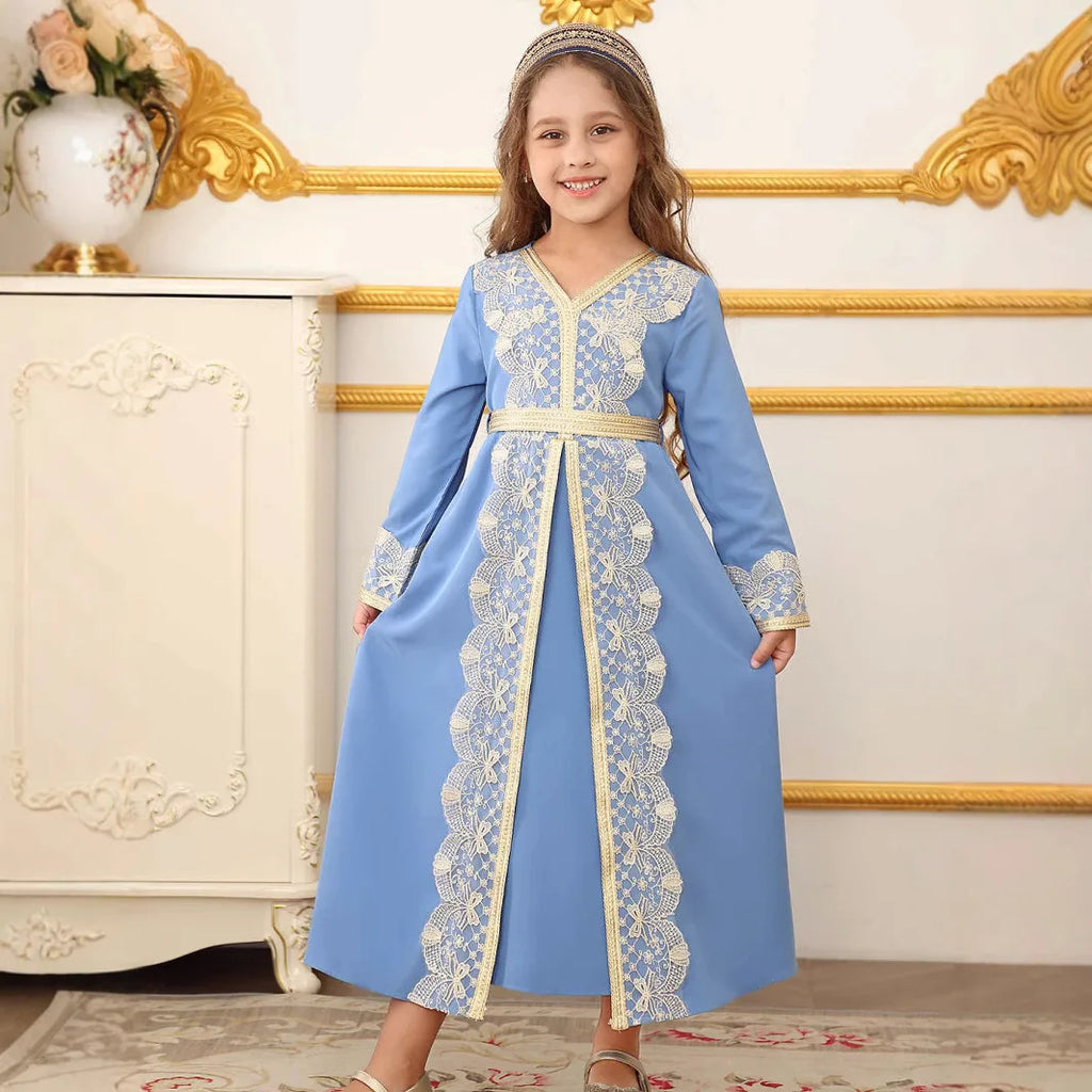 Turkish Style Girls Princess Dress Elegant Lace Trim Gown Kids Luxury Kaftan Dress Child Birthday Party Event Outfits Vestidos