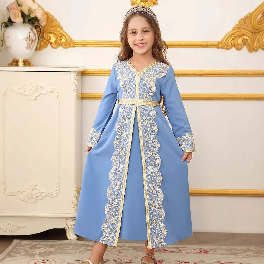 Turkish Style Girls Princess Dress Elegant Lace Trim Gown Kids Luxury Kaftan Dress Child Birthday Party Event Outfits Vestidos