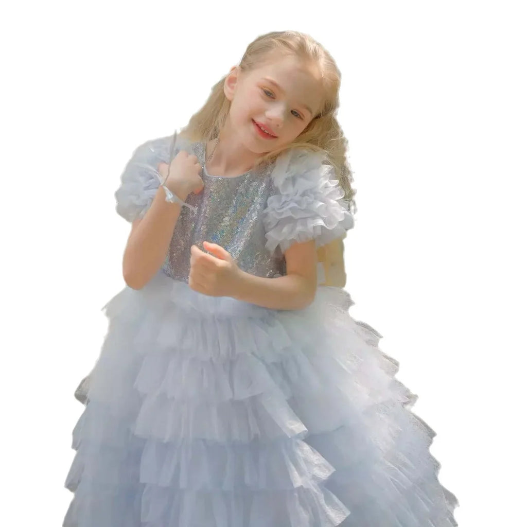 Blue Gradient Girls Party Dress Kids Sequin Layered Cake Skirt Children Princess Gown Birthday Wedding Formal Evening Vestidos