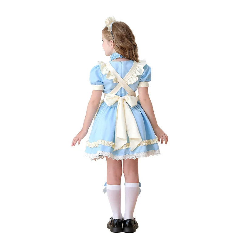 Traditional Colonial Girl Costume Kids Maid Apron Dress Children Vintage Prairie Style Outfits Stage Performance Halloween Party