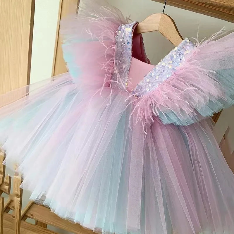 Girls Princess Dress Sequin Mesh Tulle Puffy Gown Kids Sweet Birthday Party Dress Baby 1st Birthday Performance Vestidos
