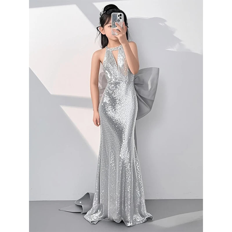Silver Mermaid Girls Princess Dress Kids Luxury French Style Gown Sequin Host Performance Dresses Children Catwalk Show Vestidos