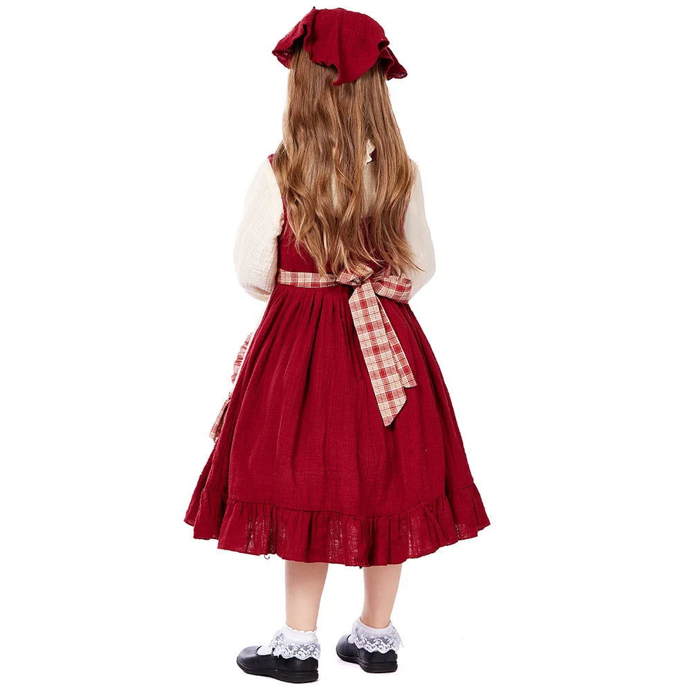 Red Little Match Girl Costume Kids Retro Lolita Maid Dress Children Fairy Tale Role Play Halloween Christmas Stage Performance