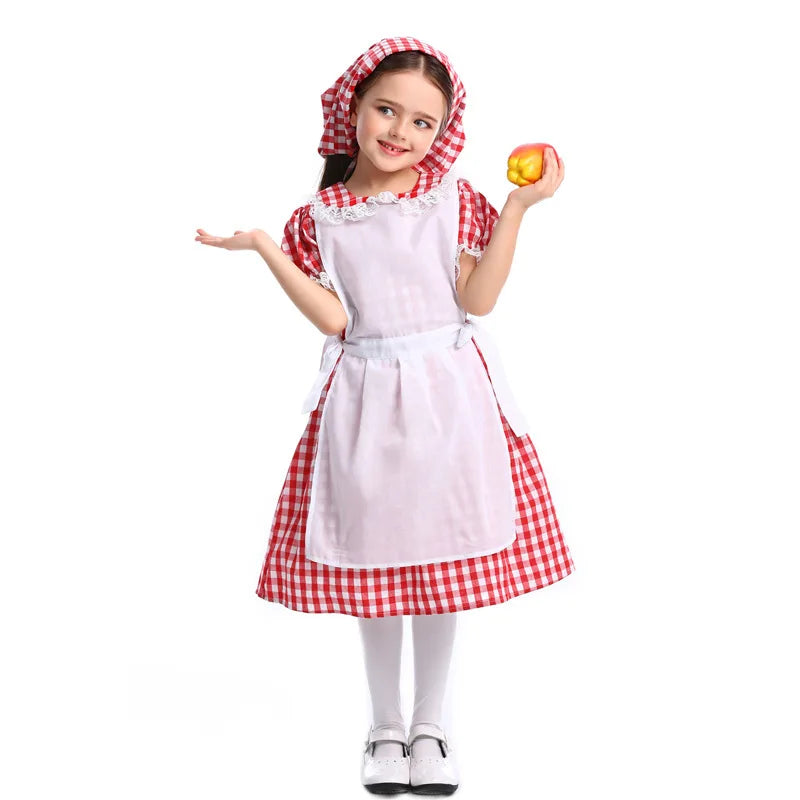 Retro American Farmhouse Girls Dress Kids Red Plaid Gingham Maid Costume Children Fairy Tale Role Play Halloween Party Outfits