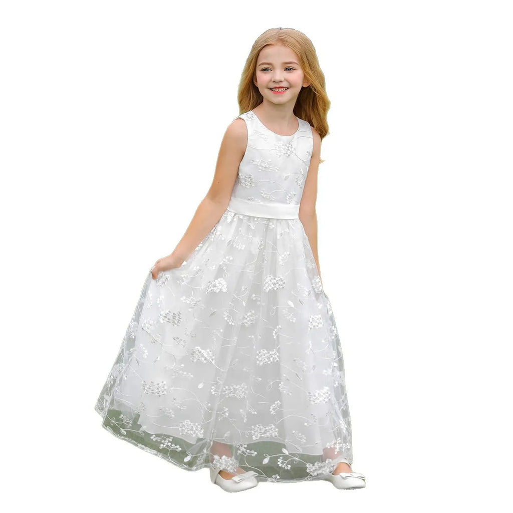 Elegant Lace White Girls Princess Dress Flower Girl Wedding Gown Kids Long Tulle Mesh Dress Child First Communion Party Vestidos