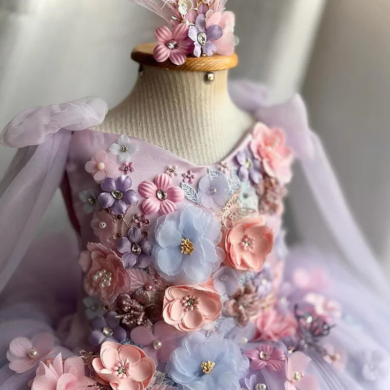 Girls Purple Tulle Dress Bow Princess Dress Kids Flower Girl Wedding Party Birthday Performance Gown