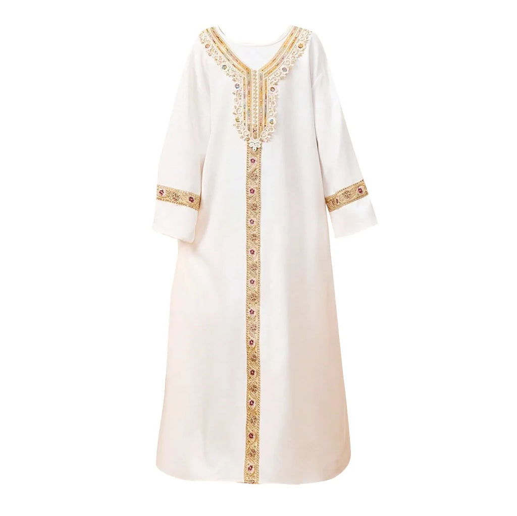 Elegant Lace Girls Princess Dress Long Sleeve Kids Gold Trim Gown Children Loose Kaftan Dress for Spring Autumn Party Vestidos