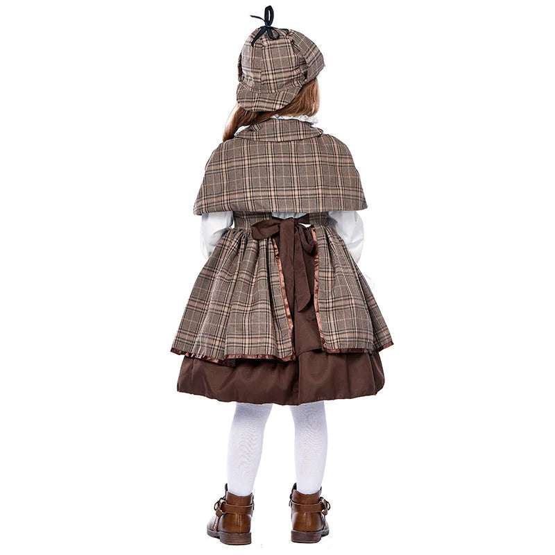 British Detective Costume for Girls Kids Sherlock Holmes Cosplay Outfit Children Retro Plaid Cape Hat Set Halloween Party Wear