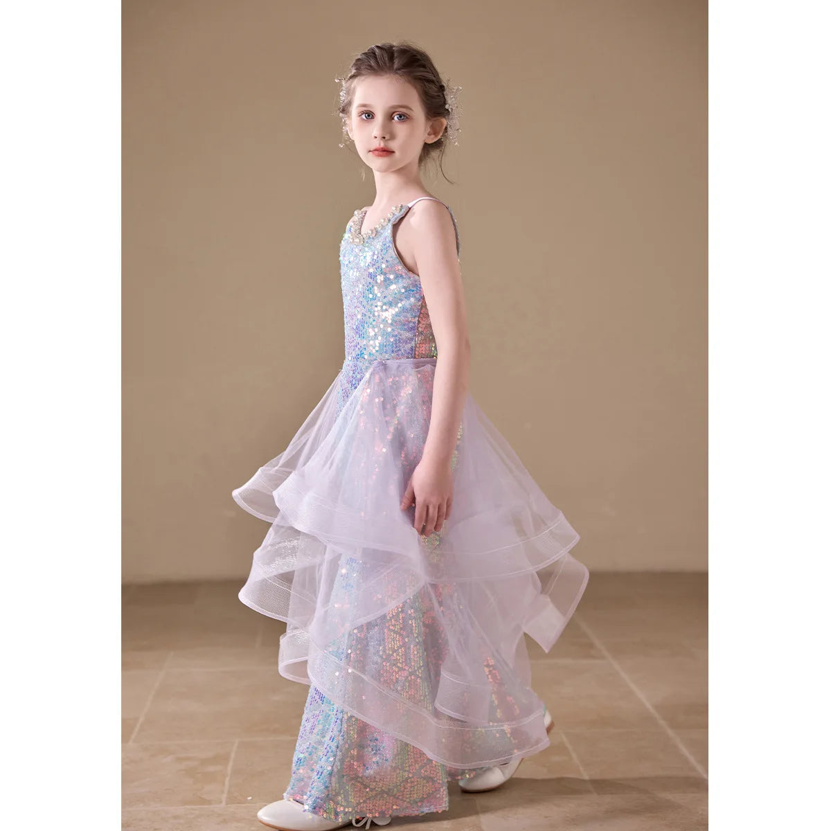 Sparkly Sequin Girls Mermaid Princess Dress Kids Luxury Birthday Party Gown Host Performance Wear for Catwalk Show Vestidos