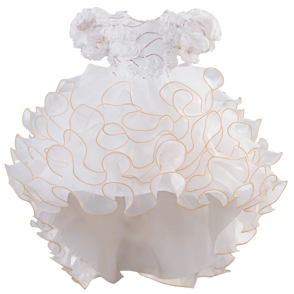 Luxury White Pink Girls Princess Gown 3D Flower Appliques Kids Puffy Tulle Dress with Long Train Children Birthday Event Outfits
