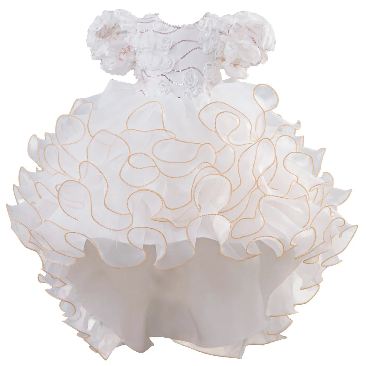 Luxury White Pink Girls Princess Gown 3D Flower Appliques Kids Puffy Tulle Dress with Long Train Children Birthday Event Outfits