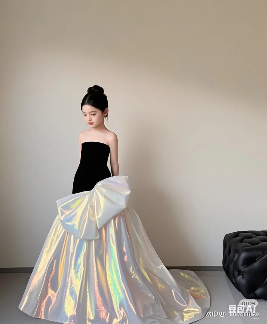 Luxury Color Block Girls Princess Dress Kids Catwalk Show Gown Elegant Long Tulle Performance Dress Children Host Show Vestidos