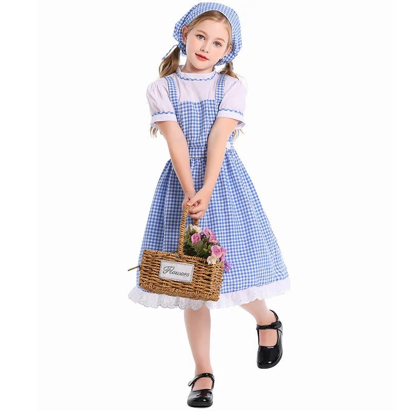 Blue Plaid Girls Dress with Headscarf Kids Gingham Maid Costume Children Fairy Tale Role Play Halloween Stage Performance Cloth