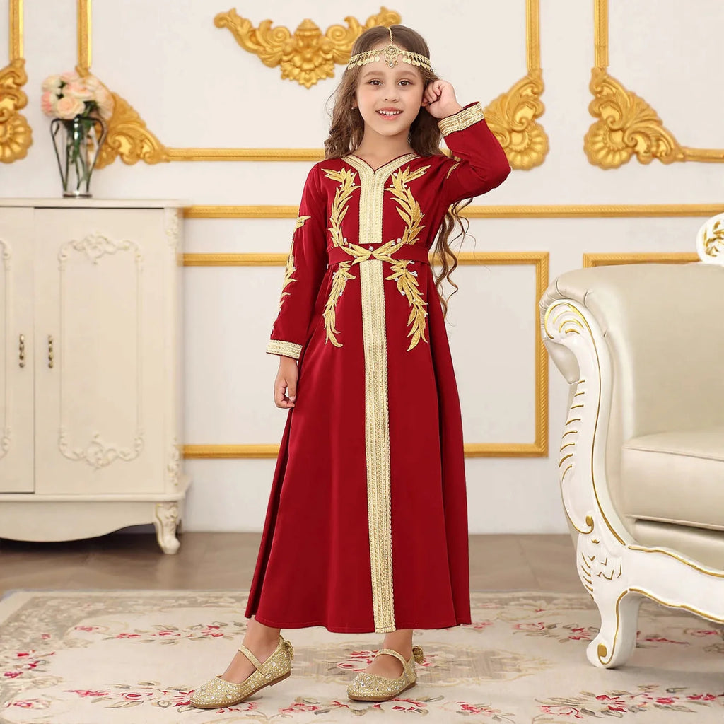 Elegant Embroidered Girls Princess Dress with Belt Long Sleeve Kids Lace Trim Gown Children Formal Party Event Dress Vestidos