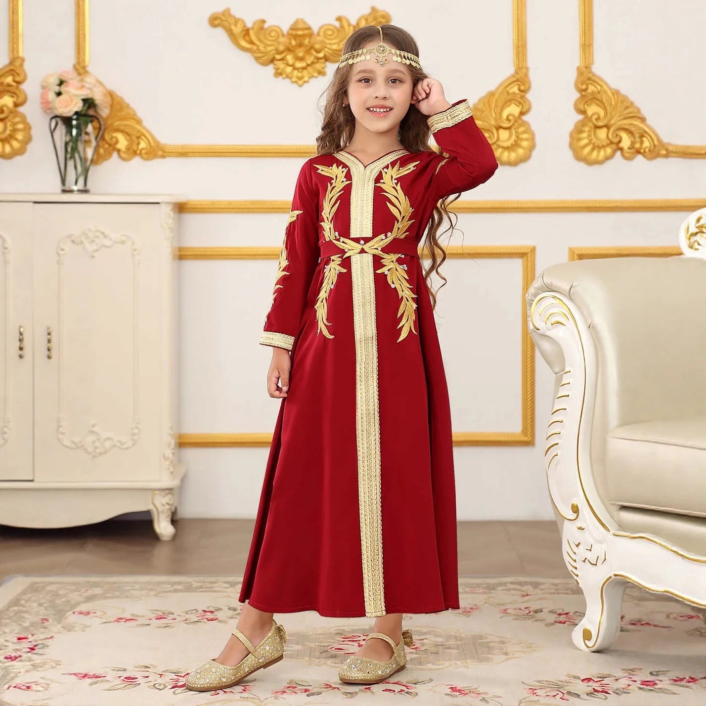 Elegant Embroidered Girls Princess Dress with Belt Long Sleeve Kids Lace Trim Gown Children Formal Party Event Dress Vestidos