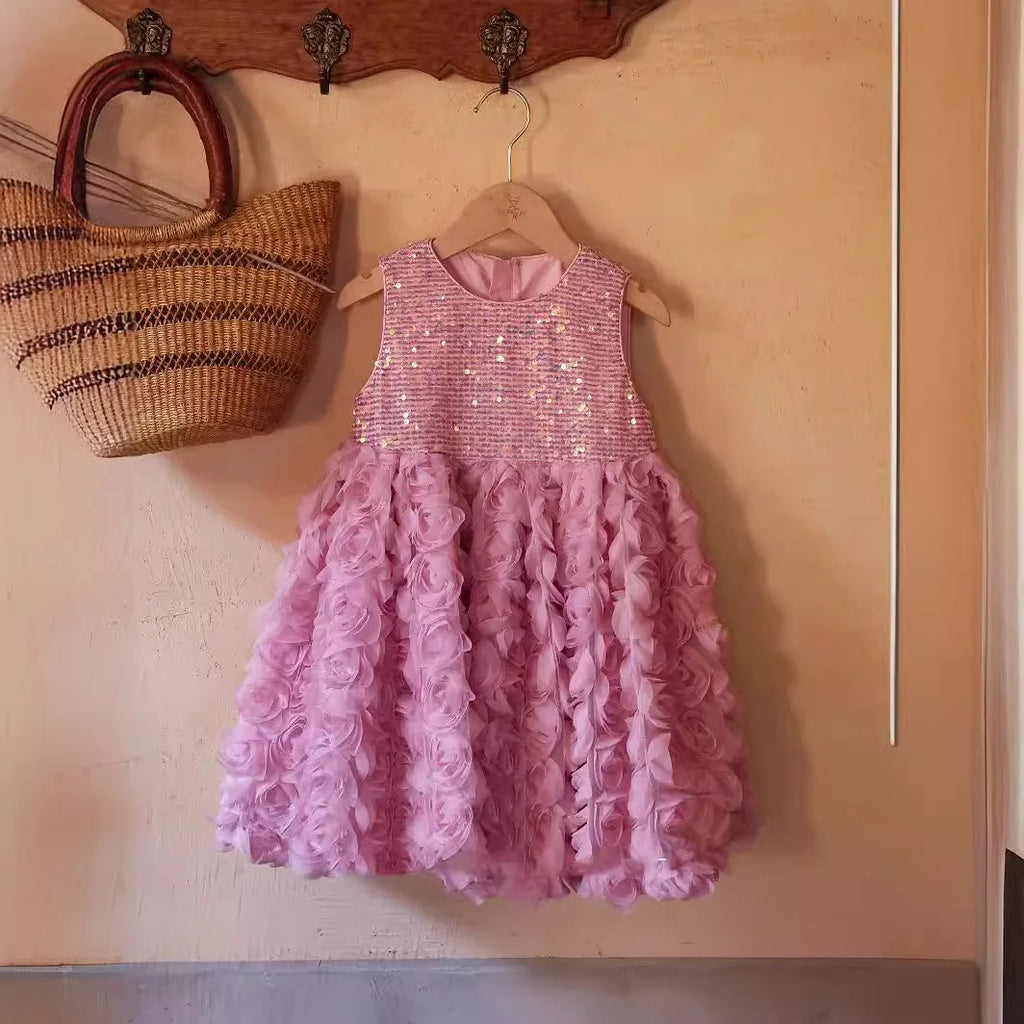 3D Rose Flower Girls Princess Dress Kids Luxury Floral Tulle Gown Toddler 1st Birthday Party Dresses Infant Performance Vestidos