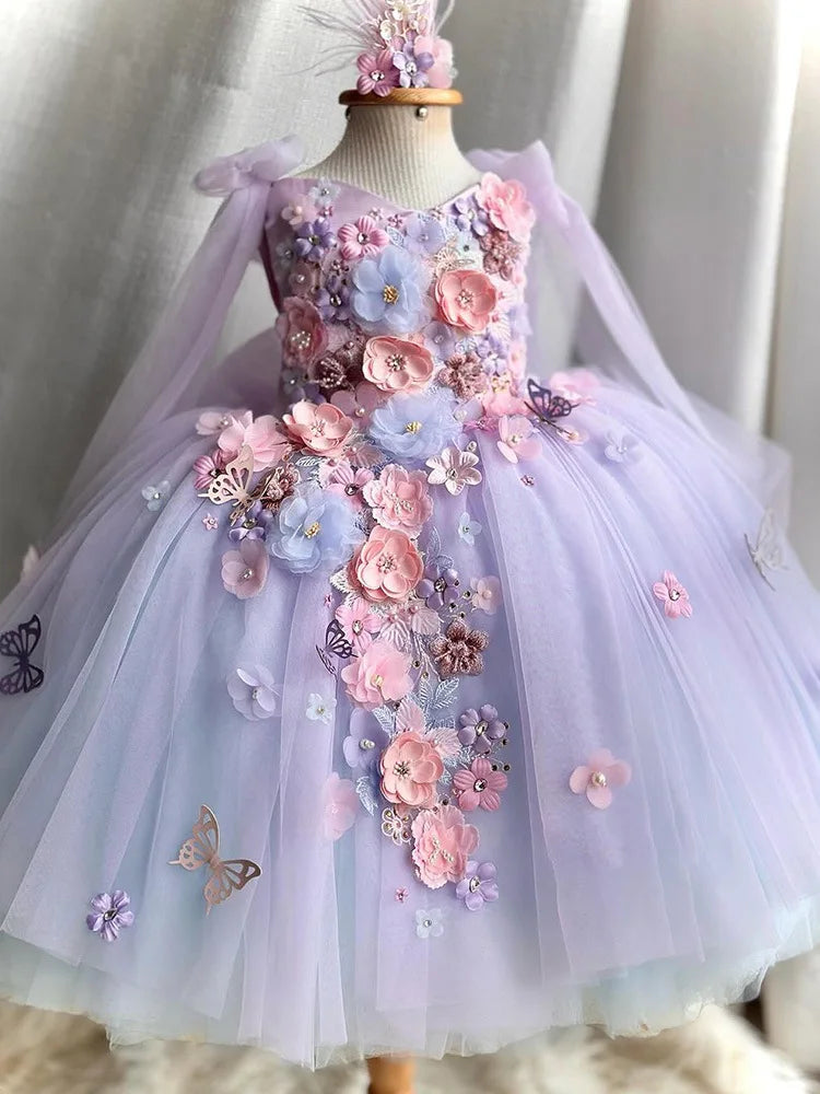 Girls Purple Tulle Dress Bow Princess Dress Kids Flower Girl Wedding Party Birthday Performance Gown
