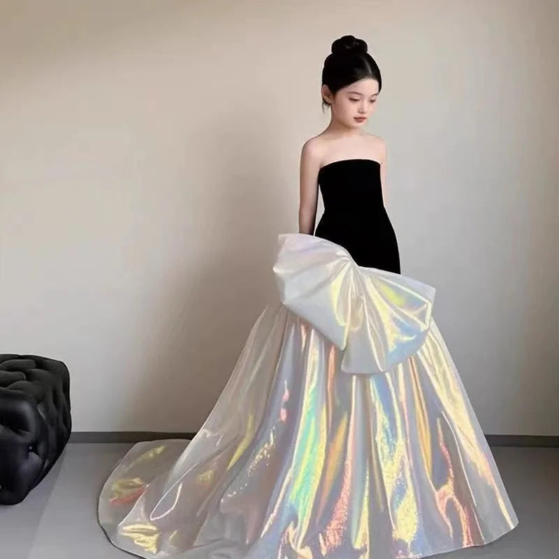 Luxury Color Block Girls Princess Dress Kids Catwalk Show Gown Elegant Long Tulle Performance Dress Children Host Show Vestidos