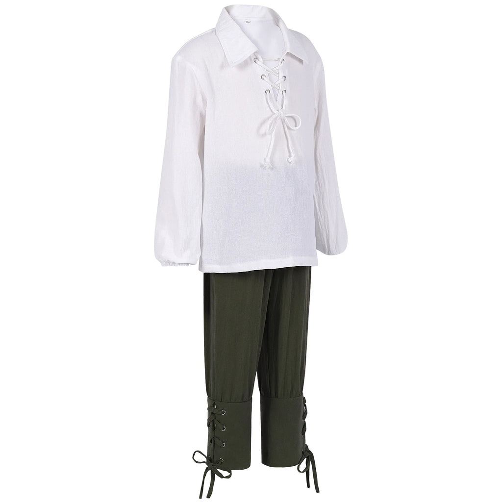 Kids Medieval Pirate Costume Set Renaissance Shirt and Cropped Pants Scottish Jacobite Outfits for Halloween Carnival Party Wear