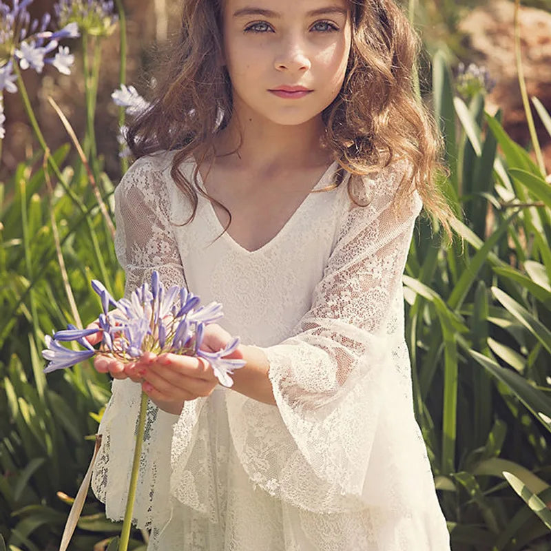 Elegant Lace Girls Princess Dress Long Sleeve Kids Flower Girl Wedding Gown Children Host Piano Performance Party Dress Vestidos