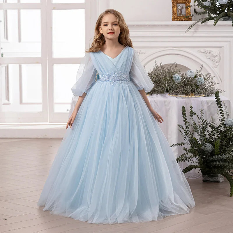 Luxury Girls Princess Dress Elegant Long Mesh Tulle Gown Big Kids Formal Party Event Dress Child Piano Performance Show Outfits