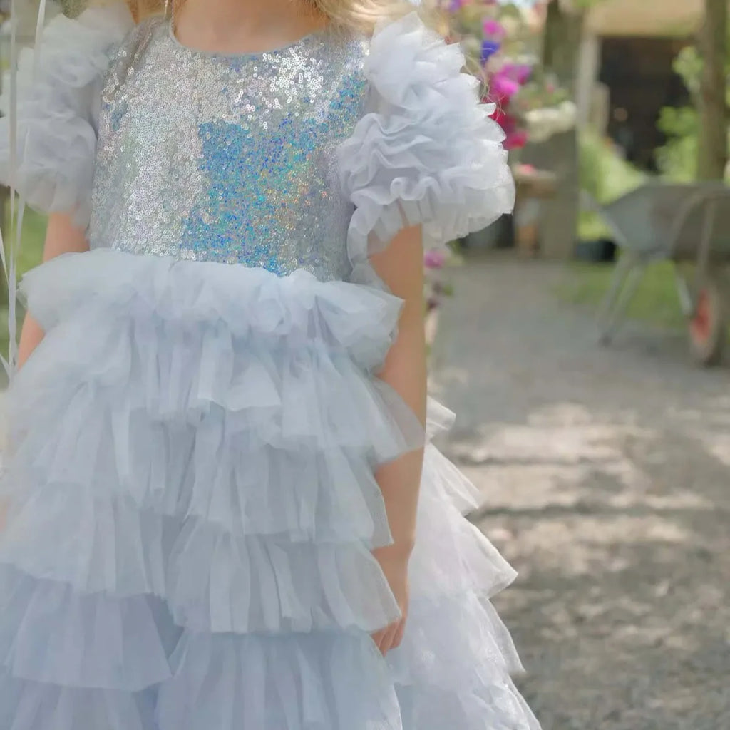 Blue Gradient Girls Party Dress Kids Sequin Layered Cake Skirt Children Princess Gown Birthday Wedding Formal Evening Vestidos