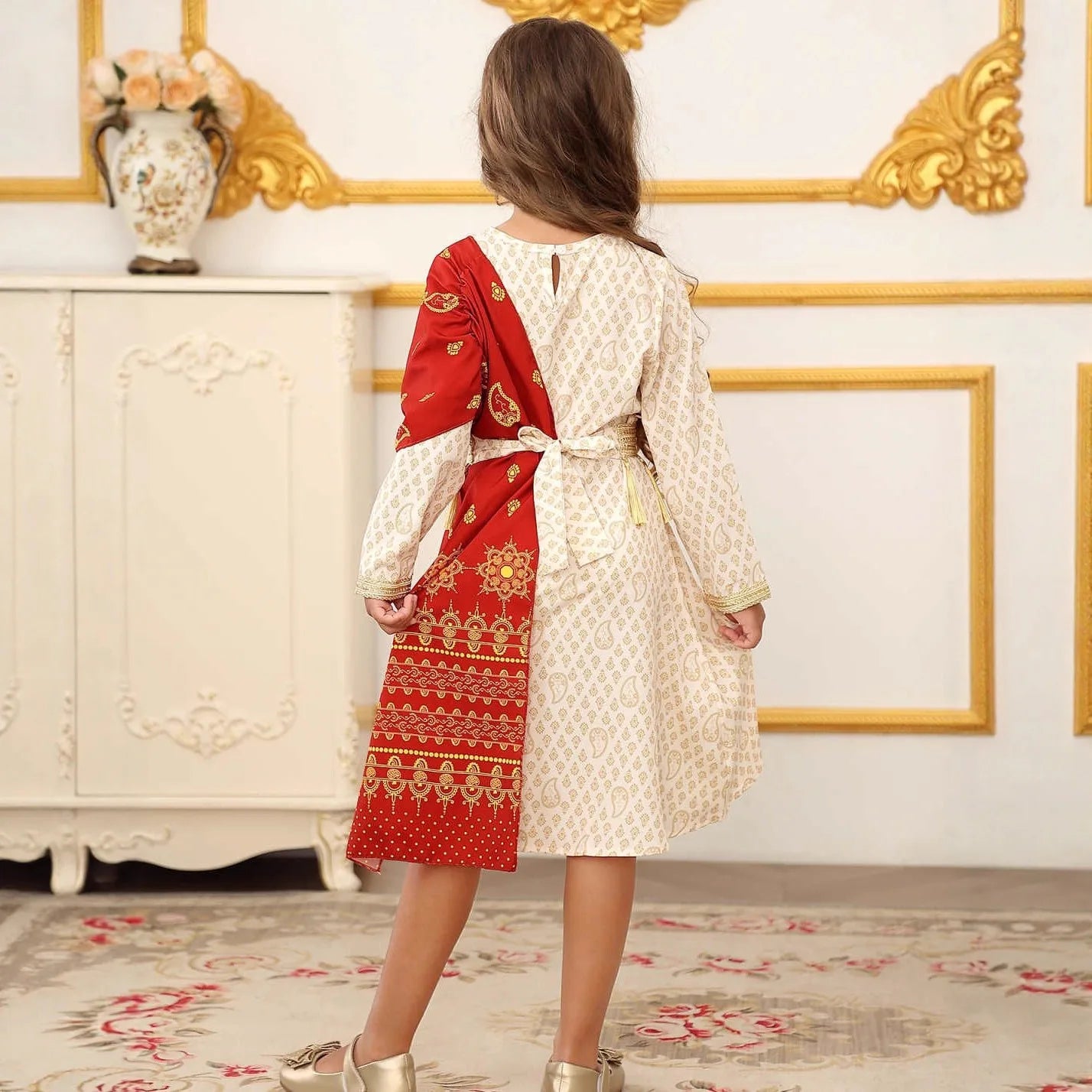 Ethnic Girls Princess Gown Luxury Red Tulle Dress Kids Elegant Formal Party Outfits Children Performance Wear Fashion Wear