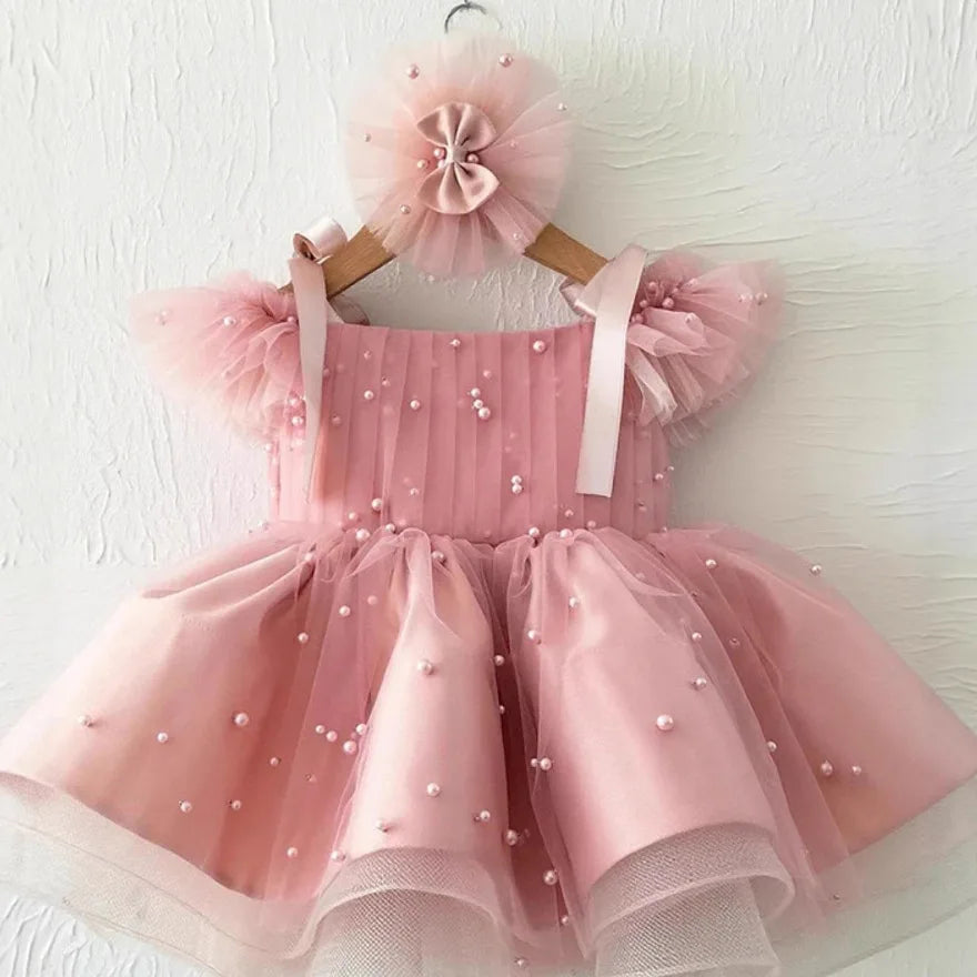 Sweet Pink Girl Princess Dress Pearl Beaded Mesh Tulle Puffy Gown Kids Luxury Sleeveless Party Dress Baby Birthday Event Outfits