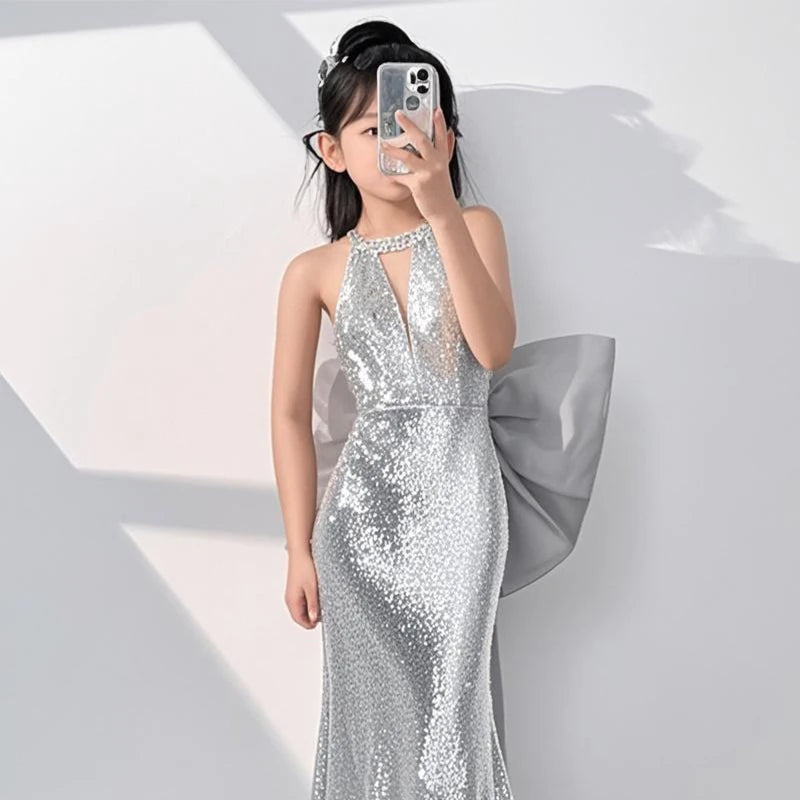 Silver Mermaid Girls Princess Dress Kids Luxury French Style Gown Sequin Host Performance Dresses Children Catwalk Show Vestidos