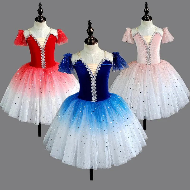 Sequin Girls Ballet Tutu Dress Kids Gradient Ombre Long Tulle Skirt Children Princess Party Gown Stage Performance Dance Wear