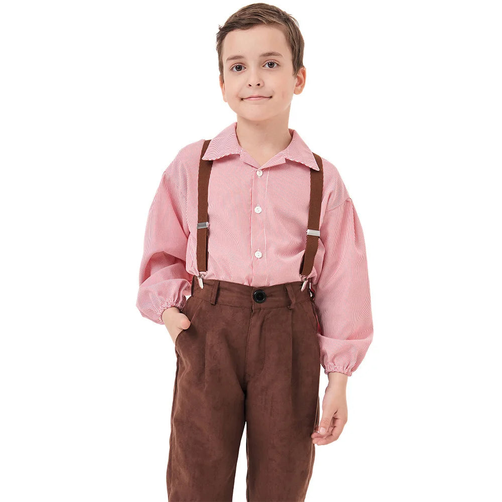 Vintage Colonial Farm Boy Costume Kids Brown Suspender Pants Outfits Children Alpine Villager Role Play Wear Halloween Carnival
