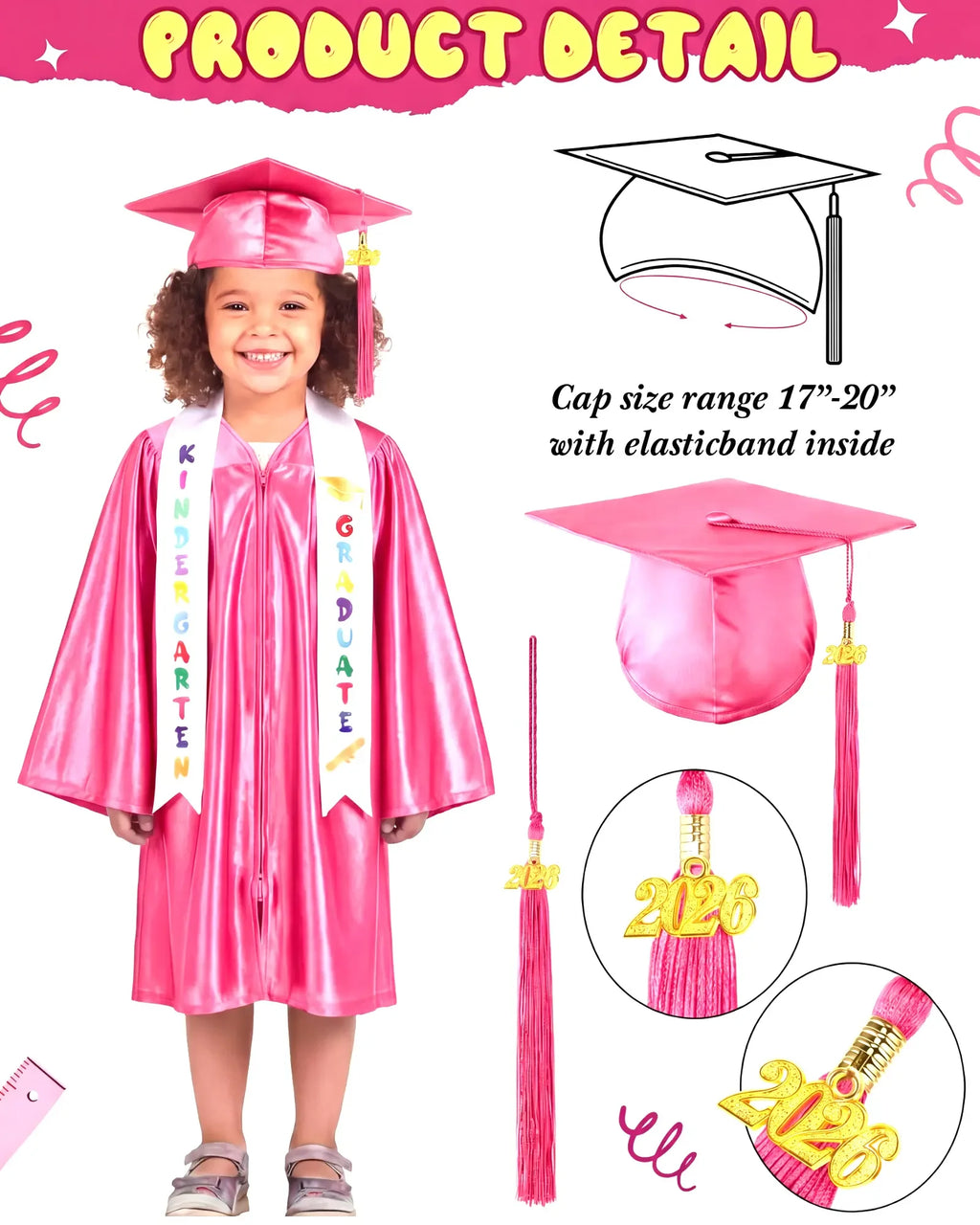 Kindergarten Graduation Cap and Gown Set for Class of 2026 Photoshoot, Satin Blink Gown