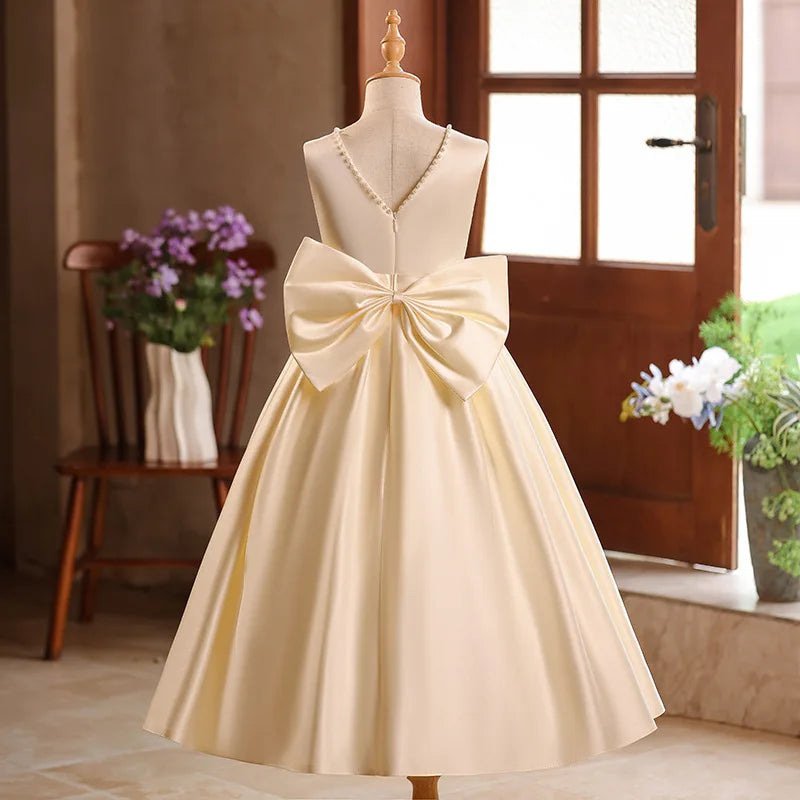 Luxury Champagne Girls Princess Dress Elegant Mesh Tulle Gown Big Kids Formal Party Event Dress Child Host Performance Outfits