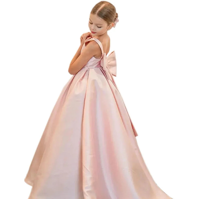 Luxury White Satin Girls Formal Gown Kids Princess Wedding Party Dress Toddler First Communion Dress Children Birthday Outfits