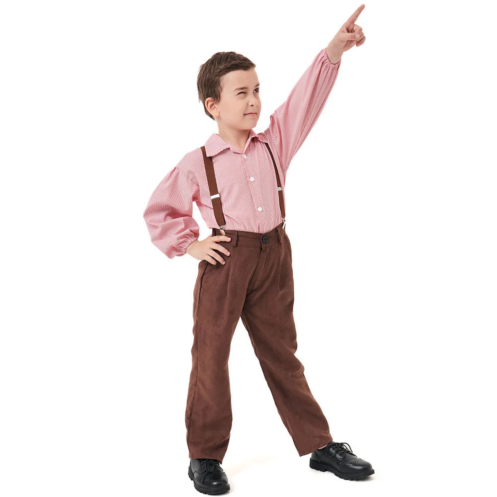 Vintage Colonial Farm Boy Costume Kids Brown Suspender Pants Outfits Children Alpine Villager Role Play Wear Halloween Carnival