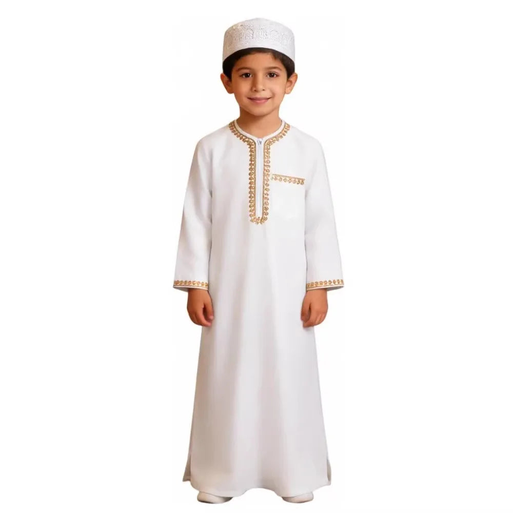 Muslim Boys Thobe Robe Embroidered Zipper Kaftan Kids Arabic Islamic Cloth Child Traditional Ethnic Abaya for Eid Ramadan Show