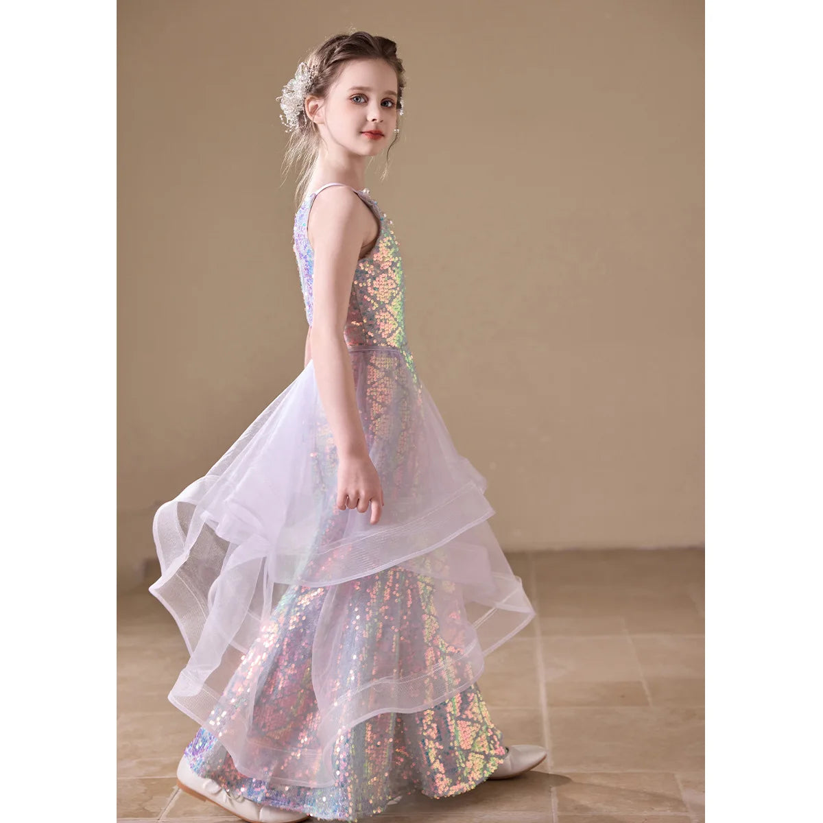 Sparkly Sequin Girls Mermaid Princess Dress Kids Luxury Birthday Party Gown Host Performance Wear for Catwalk Show Vestidos