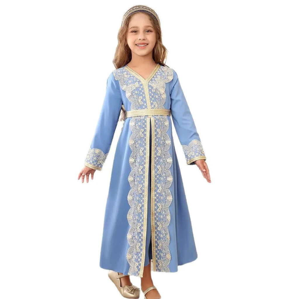 Turkish Style Girls Princess Dress Elegant Lace Trim Gown Kids Luxury Kaftan Dress Child Birthday Party Event Outfits Vestidos