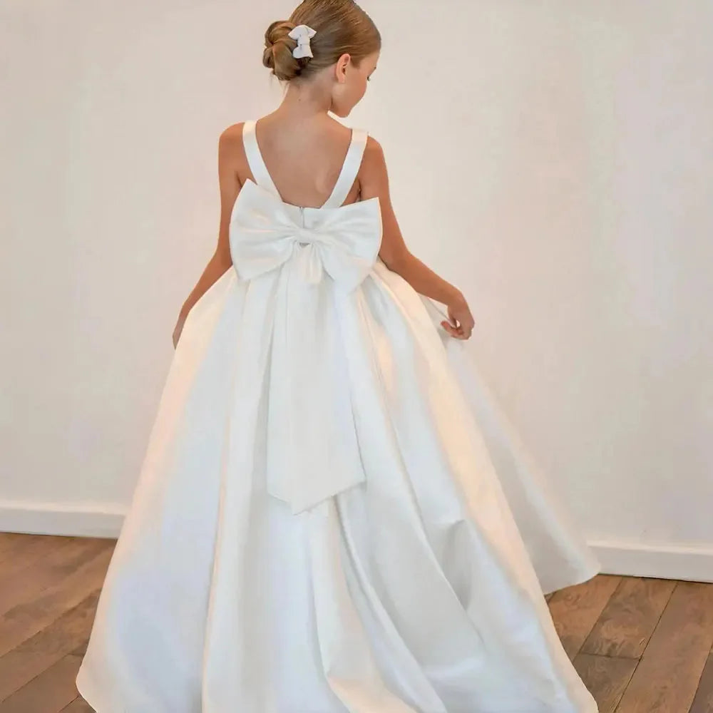 Luxury White Satin Girls Formal Gown Kids Princess Wedding Party Dress Toddler First Communion Dress Children Birthday Outfits