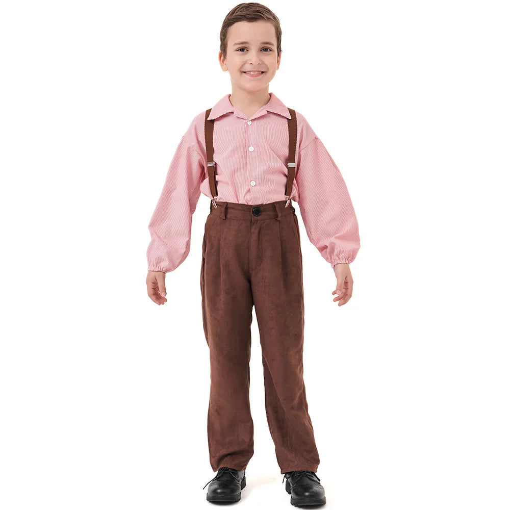 Vintage Colonial Farm Boy Costume Kids Brown Suspender Pants Outfits Children Alpine Villager Role Play Wear Halloween Carnival