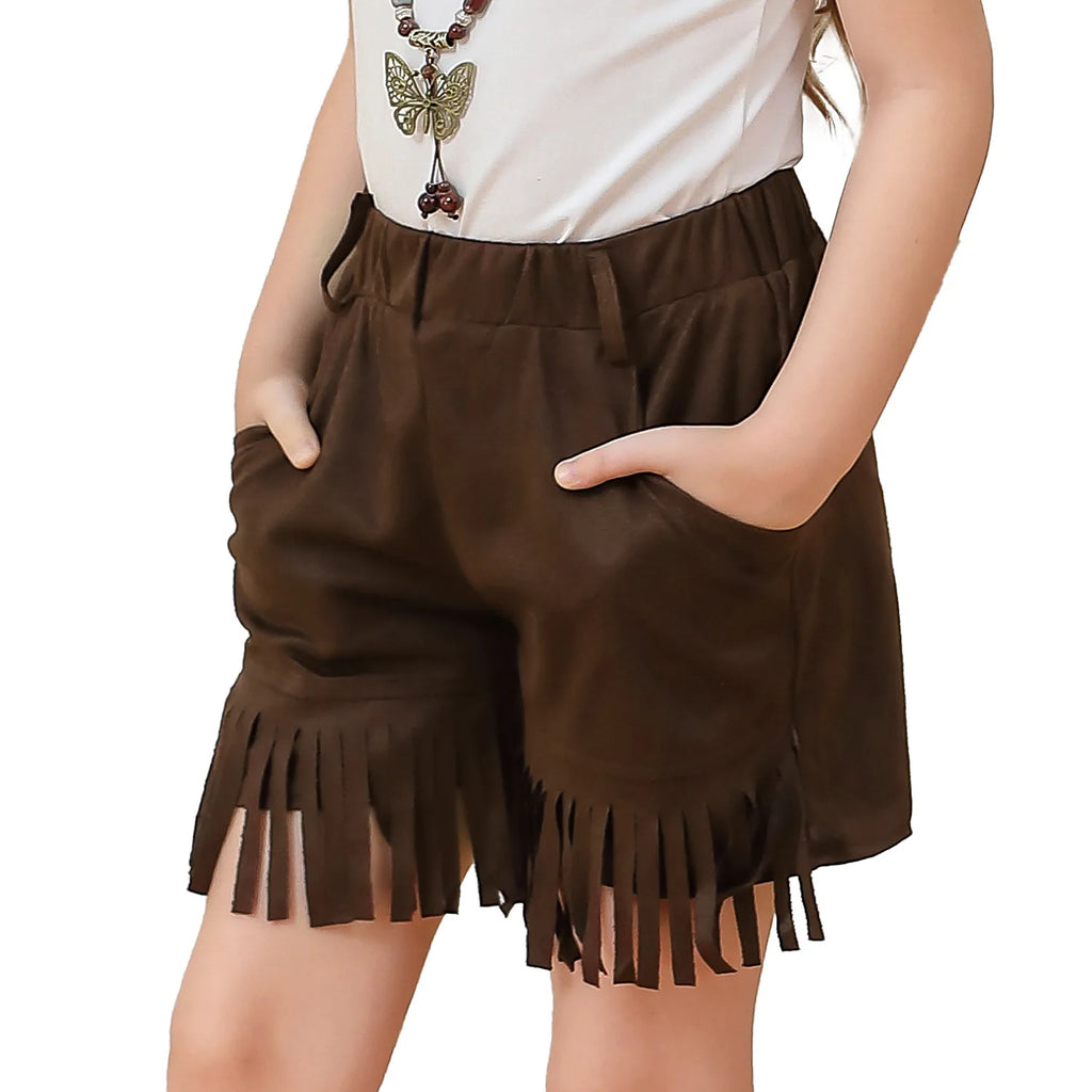 Western Cowgirl Tassel Shorts for Girls Kids Suede Fringed Pants Children Retro Hippie Style Outfits Halloween Carnival Wear