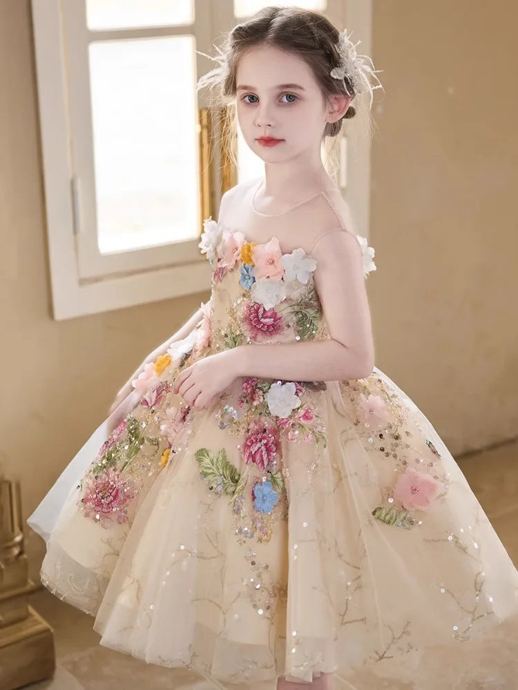 Luxury Flower Fairy Girls Princess Dress Kids Elegant Champagne Gown Children Host Piano Performance Show Dress Pageant Vestidos