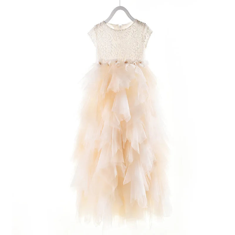 Girls Catwalk Show Dress Kids Luxury Long Princess Gown Toddler Champagne Tulle Dresses Children Performance Vestidos